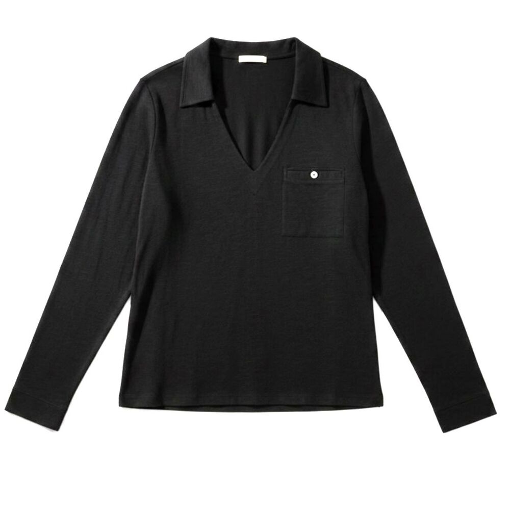 NWT Lilla P Black Cotton Modal Casual Collared V-Neck Long Sleeve Top Size Large - Picture 2 of 7
